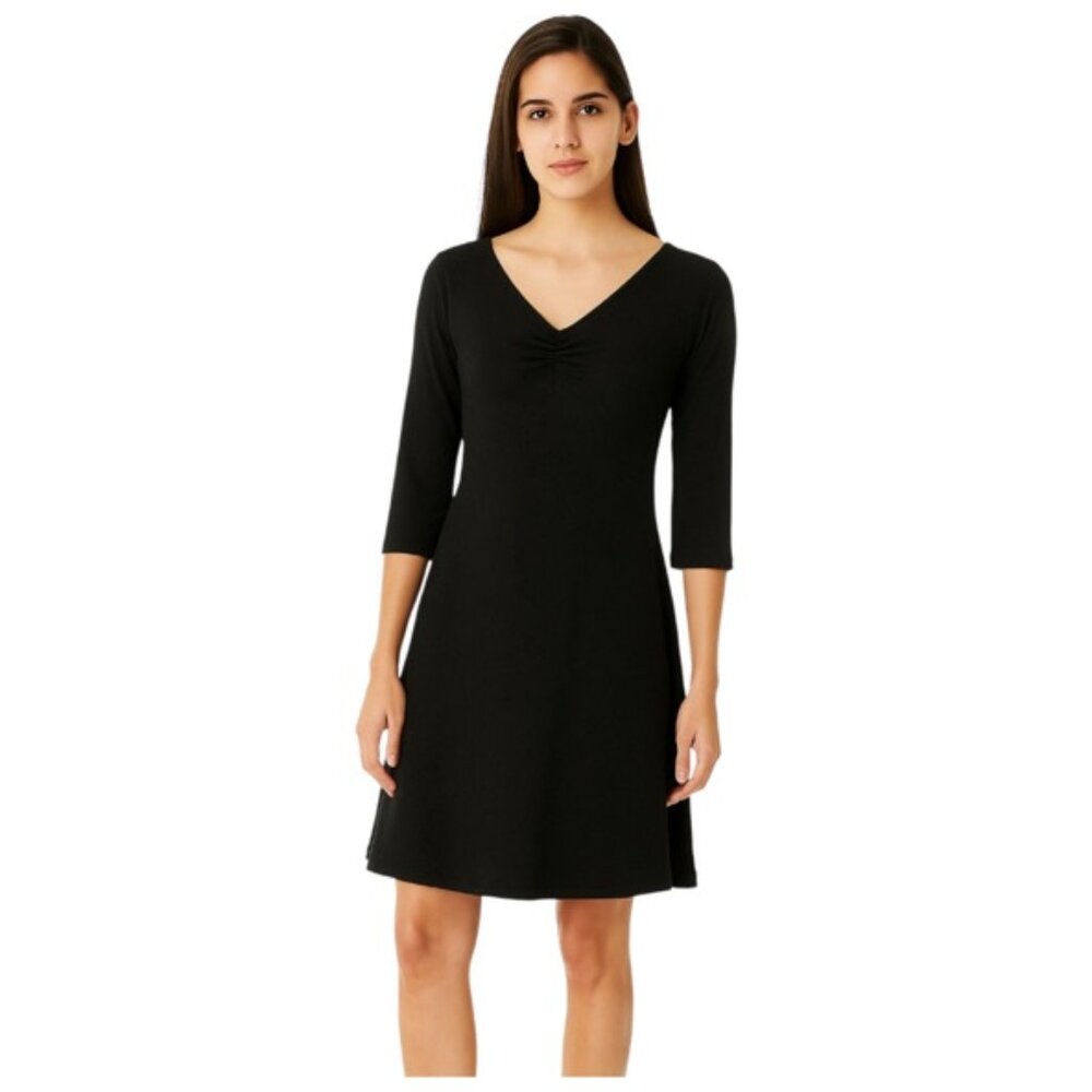Cutloose Small Black Textured V Neck 3/4 Sleeve Dress